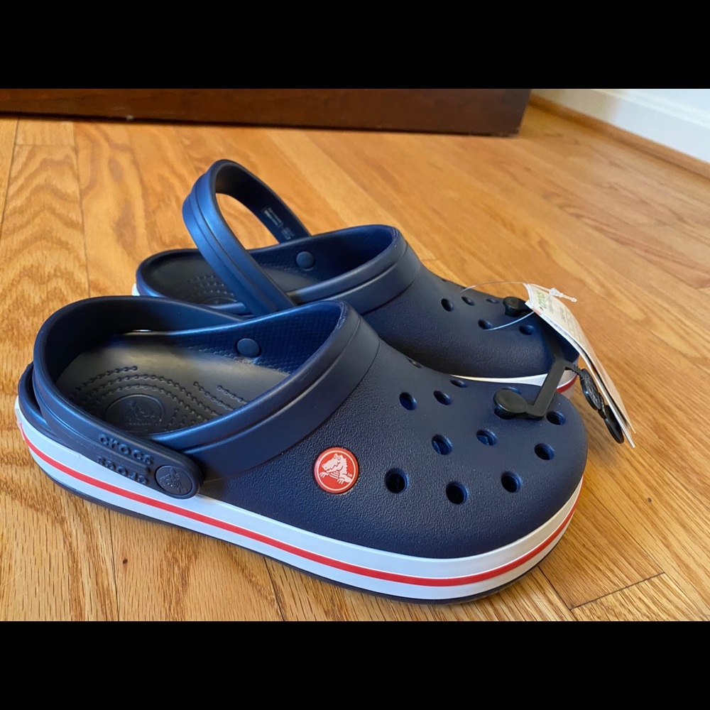 Crocs, NWT, Size J5, Classic Clog, Navy Blue w/ white band and red stripe